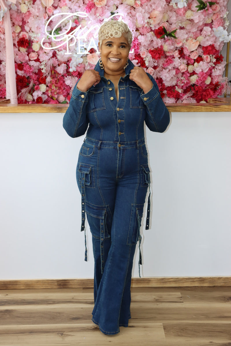 Utility Flare Hem Denim Jumpsuit