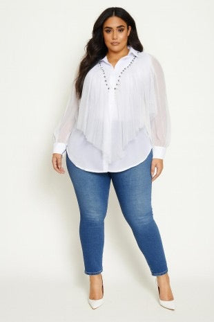 Plus Size Solid Mesh Contrast Shirt Top