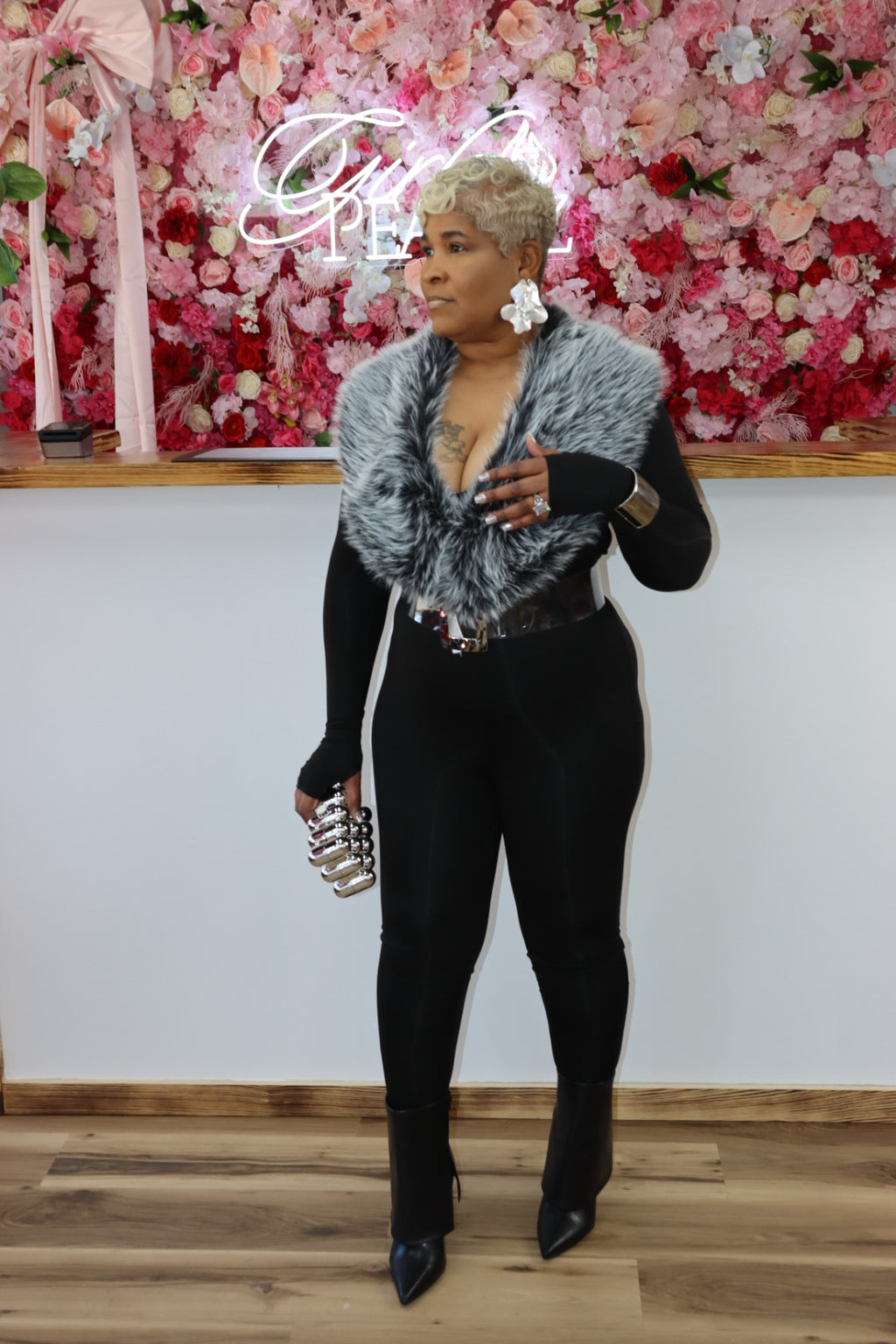 Faux Fur Collar Long Sleeve Jumpsuit