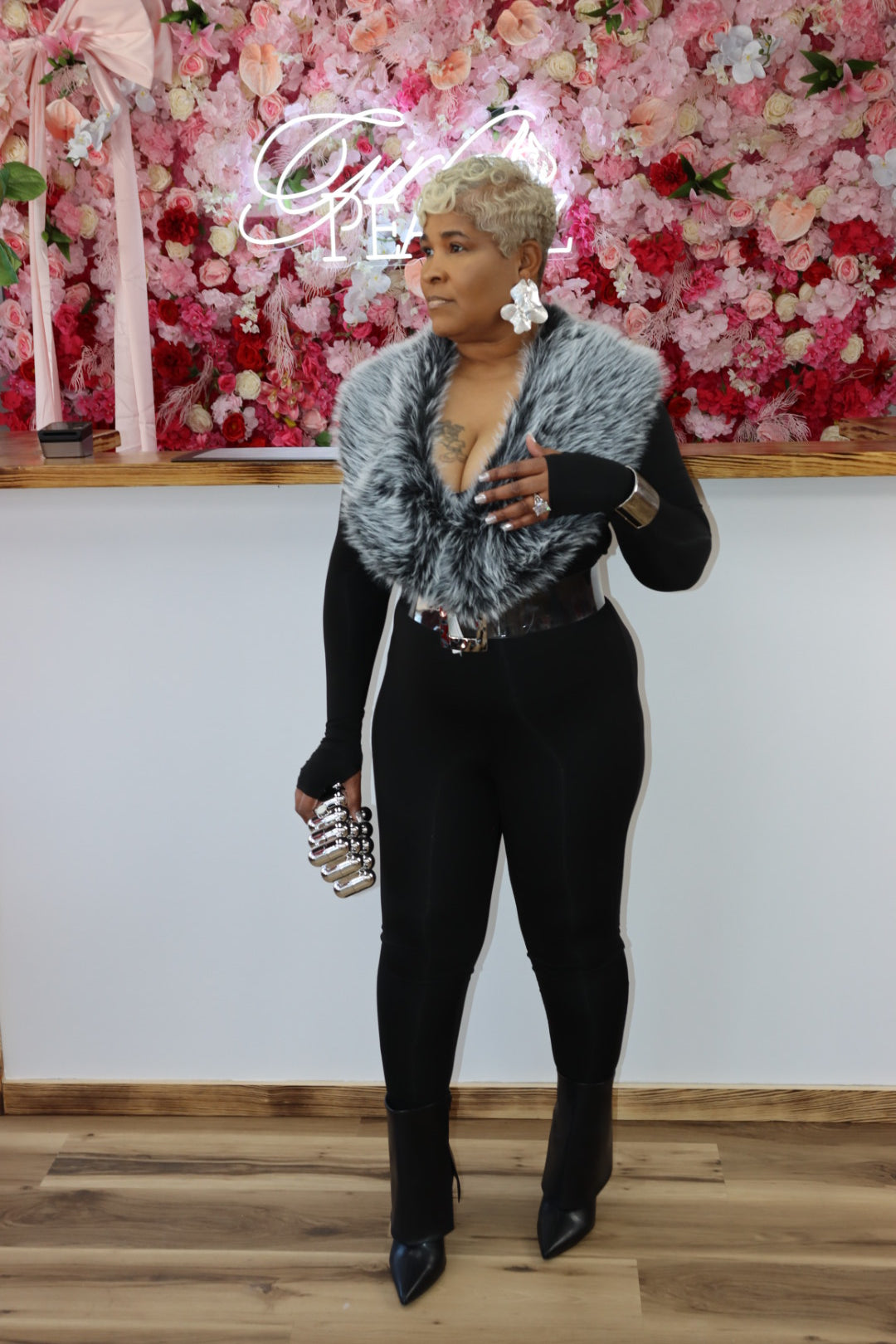 Faux Fur Collar Long Sleeve Jumpsuit