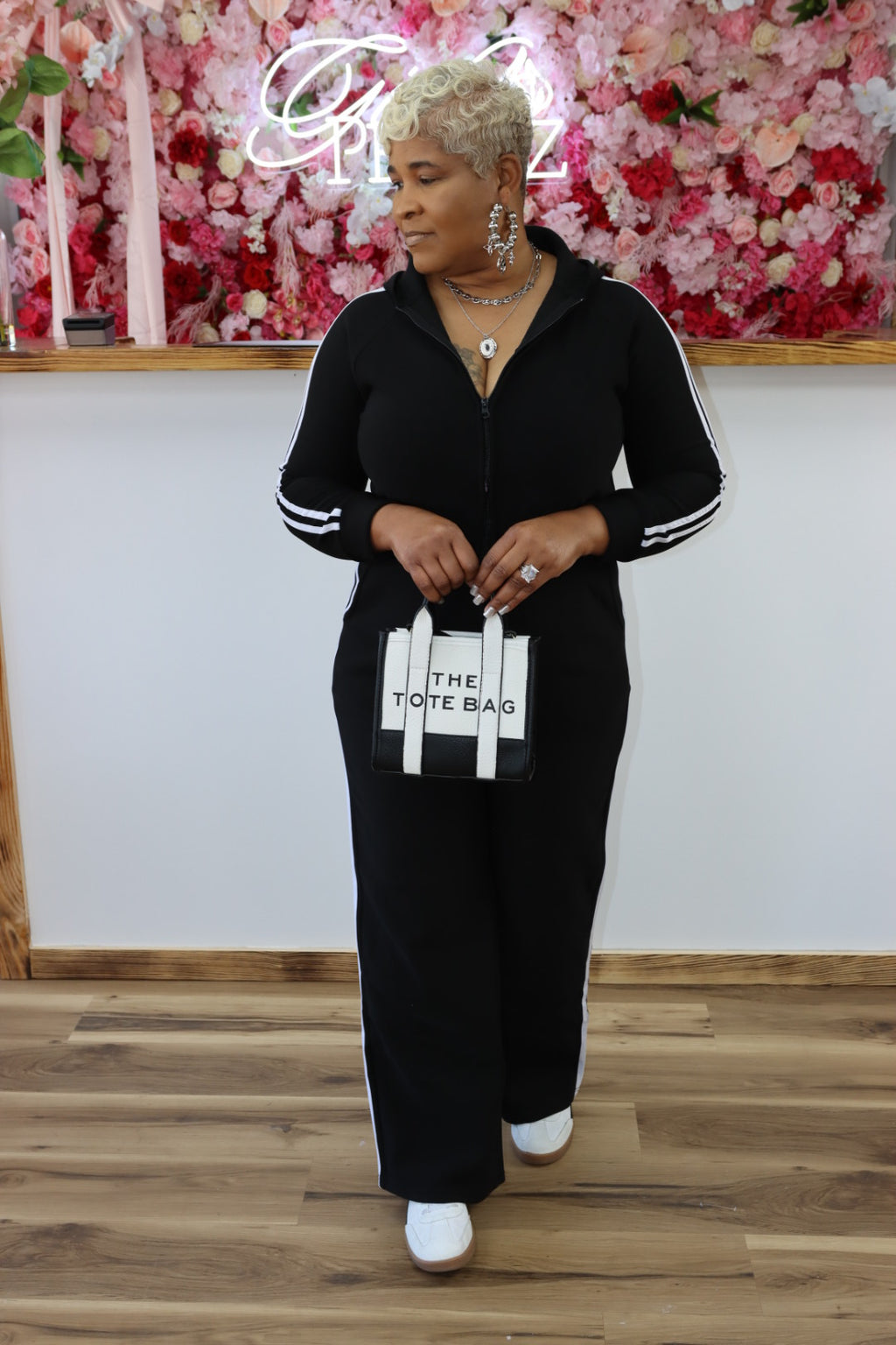 Hooded Black Jumpsuit Lined Fleece Wide Leg