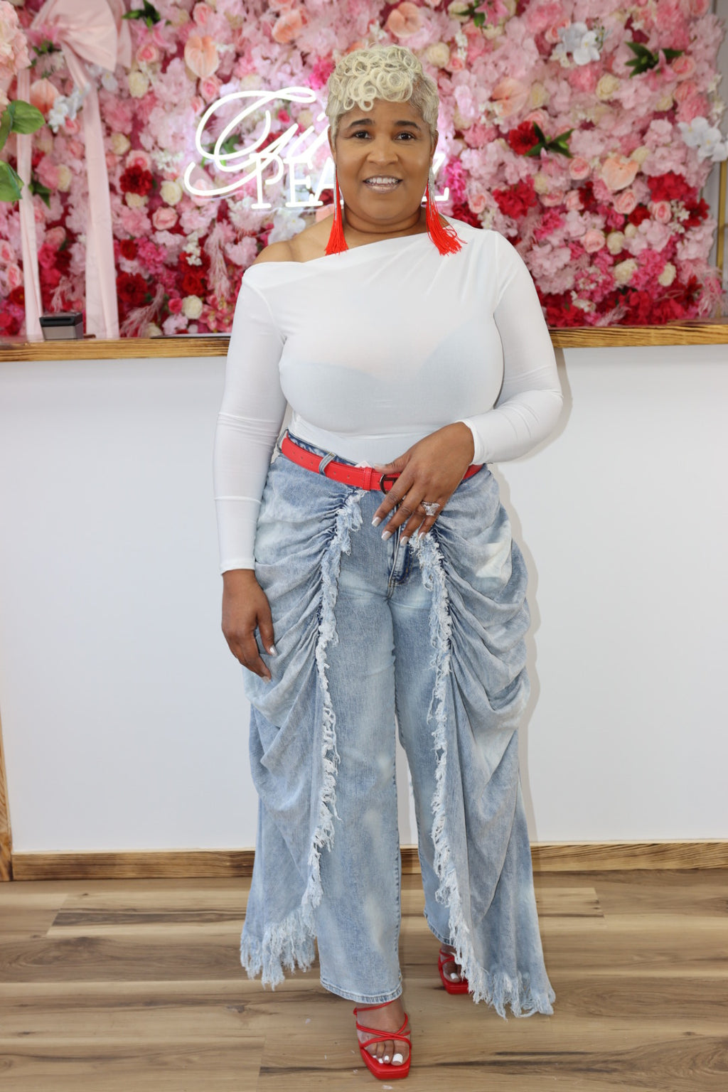 High Rise Light Blue Wash Layered Drapery Jeans