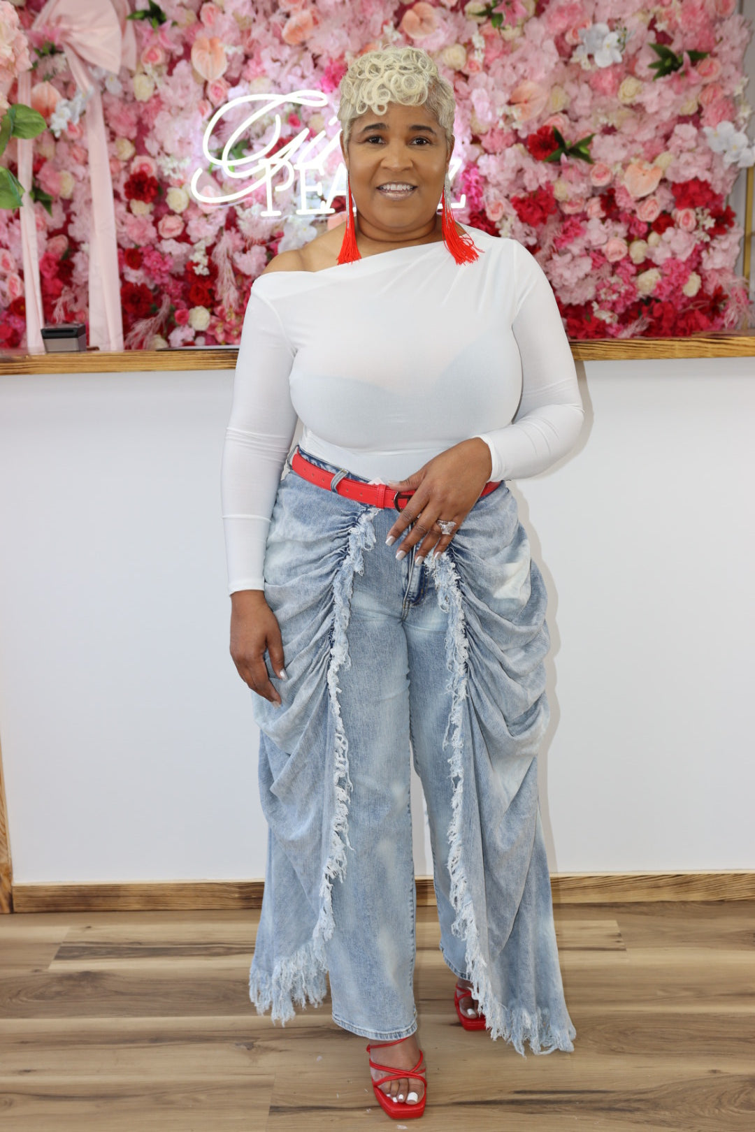 High Rise Light Blue Wash Layered Drapery Jeans