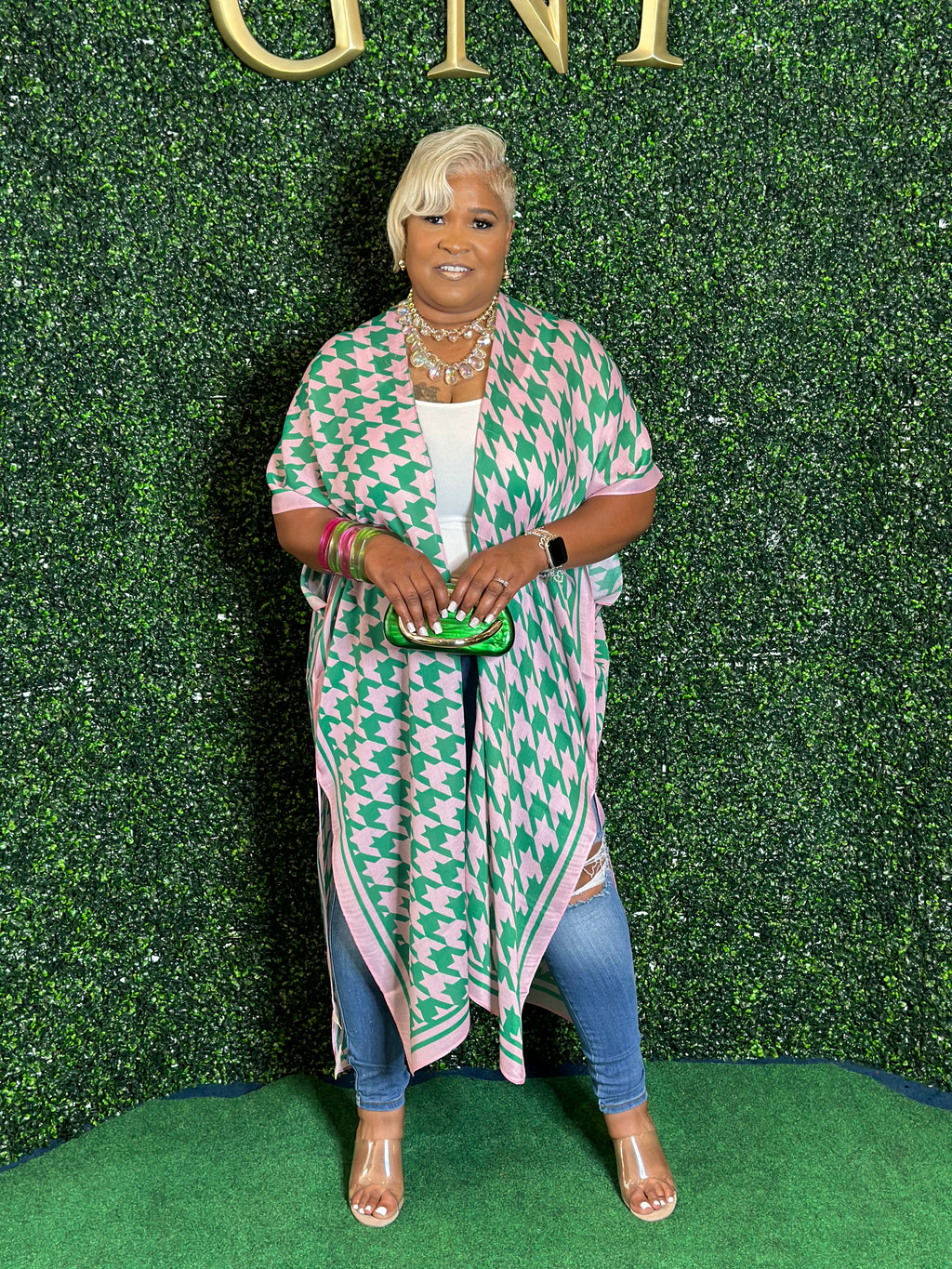 Houndstooth Pink & Green Kimono