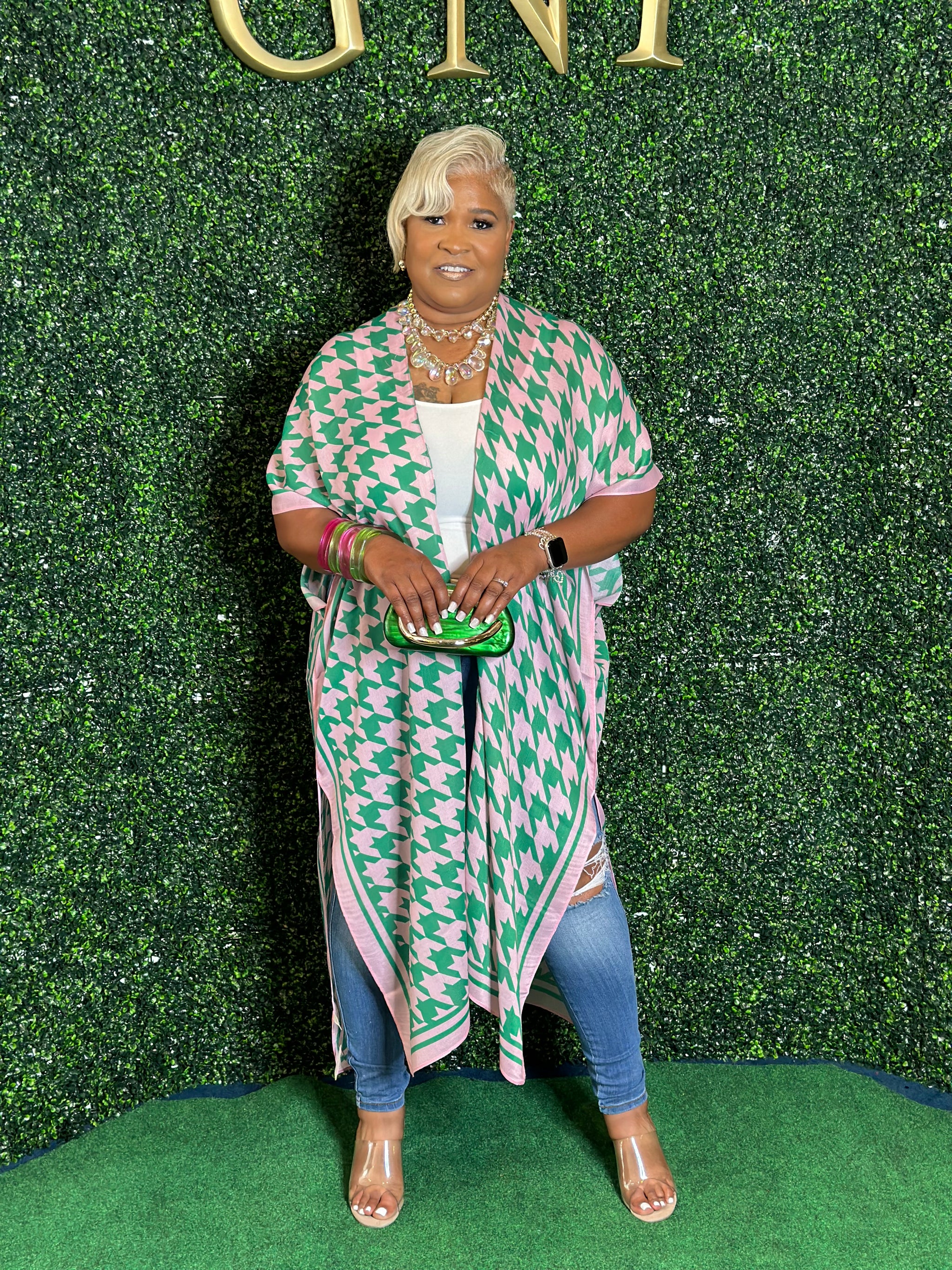 Houndstooth Pink & Green Kimono