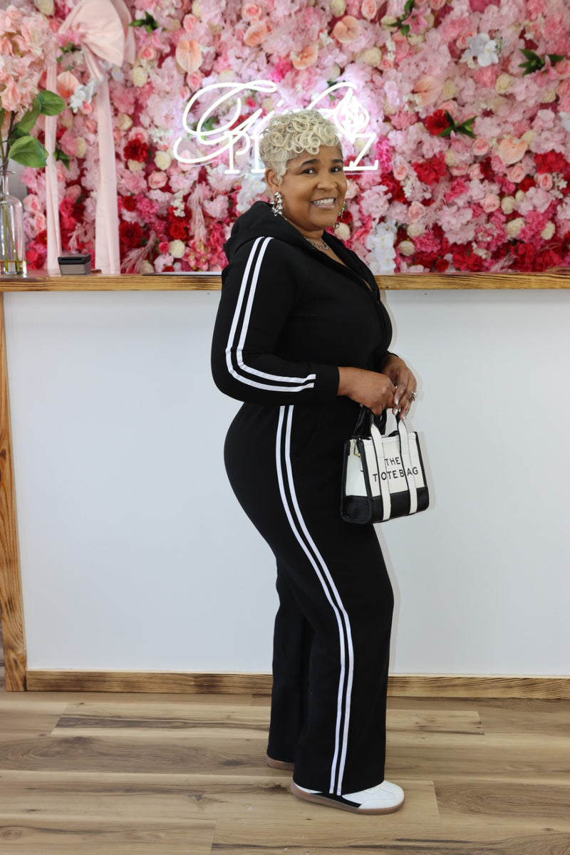 Hooded Black Jumpsuit Lined Fleece Wide Leg