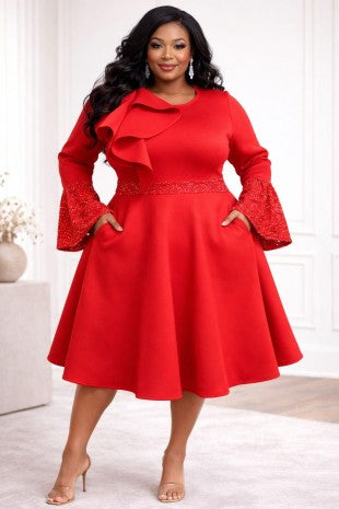 Red Ruffle Sequin Sleeve Dress